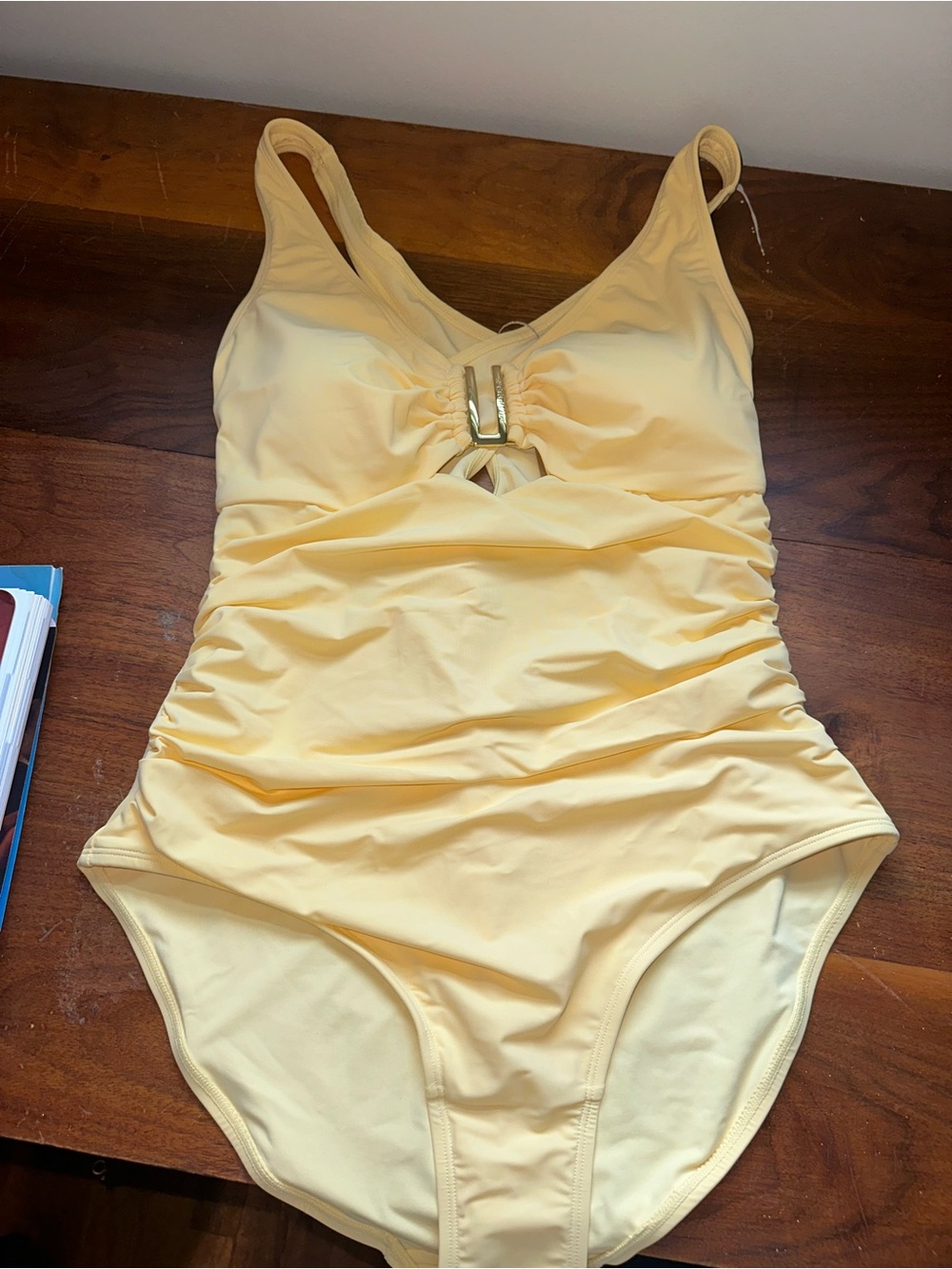Sleek Yellow Ruched One-Piece Swimsuit with Center Buckle